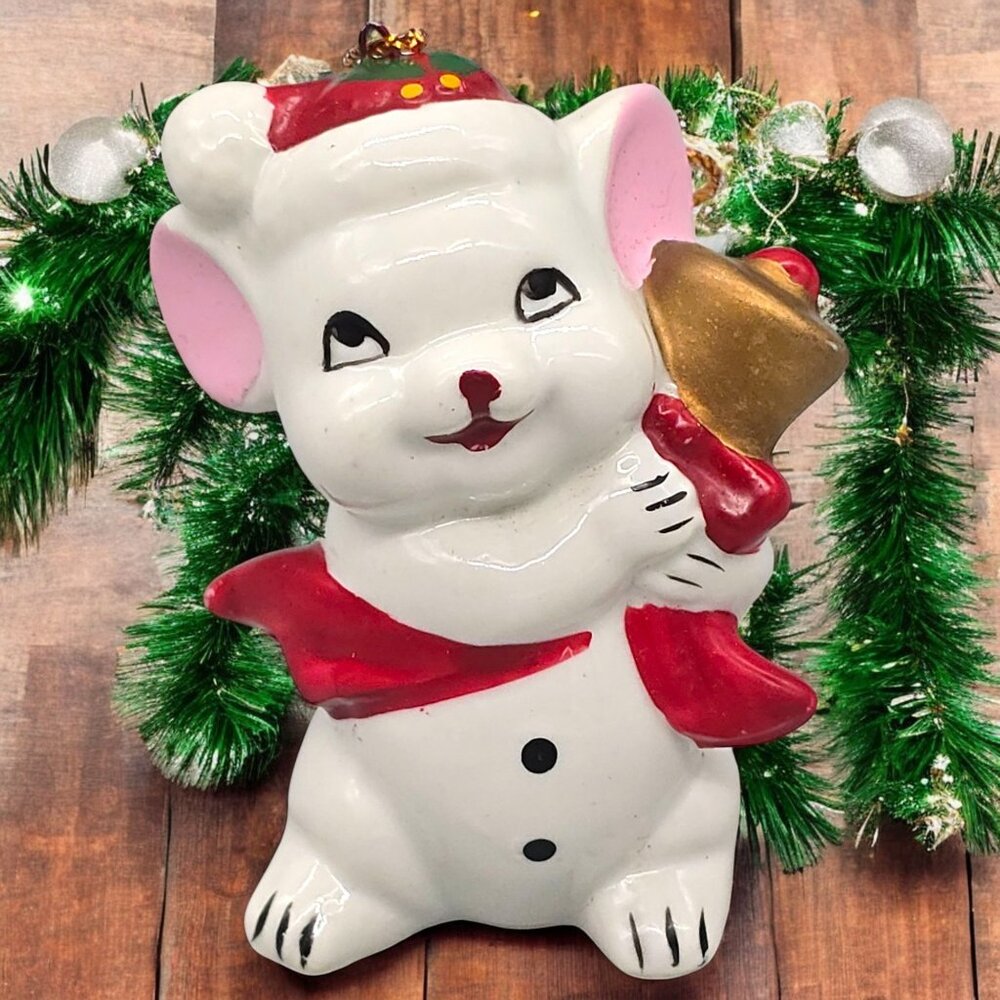 Vtg Ceramic Mouse Christmas Ornament Holding Goldtone Bell 3" Hand-Painted 1980s